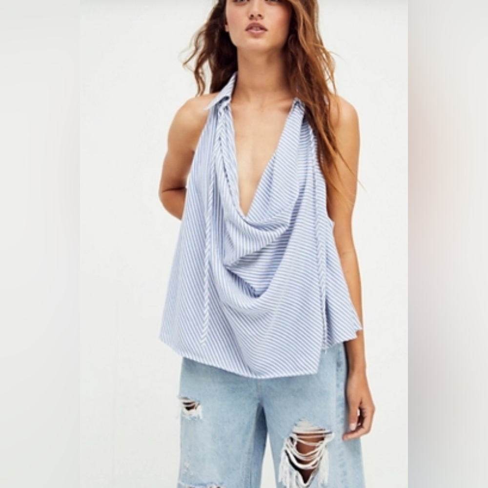 Free People Pin Striped Blue and White Cowl Neck Tank Top